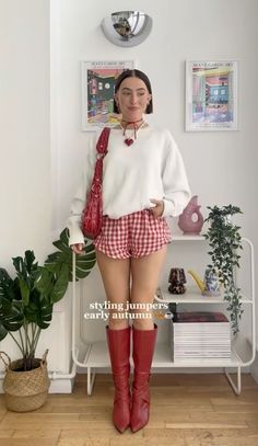 Cute Diner Outfits, Red Mini Dress Outfit Casual, Red Bloomers Outfit, Summer Red Outfits, Craft Fair Outfit, Red Gingham Skirt Outfit, Funky Button Up Shirt Outfit, Cut Collar Off Shirt Outfit