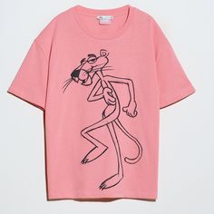 Zara Pink Panther T-Shirt New With Tags Size: Small Color: Pink/ Black Drop Shoulder Crew Neck Full Pink Panther On Front Face On Back 100% Cotton Pink Crew Neck Shirt With Cartoon Print, Zara Pink Casual T-shirt, Pink Graphic Tee With Cartoon Print, Pink Funny Print Crew Neck Shirt, Pink Cartoon Print Crew Neck Top, Pink Crew Neck Top With Cartoon Print, Pink Cartoon Print Short Sleeve Tops, Pink Crew Neck Shirt With Funny Print, Pink Short Sleeve Tops With Cartoon Print