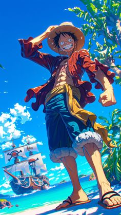 one piece is standing in front of a pirate ship