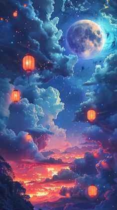 the sky is full of clouds and lanterns