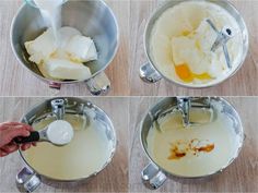 four pictures showing how to make cheesecake batter