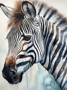 a painting of a zebra with long manes and black and white stripes on it's face