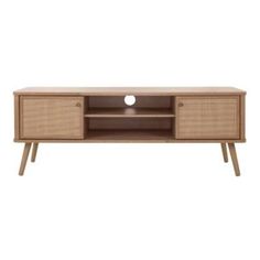 With its simple and sleek, rounded edges, the Thelma collection offers retro styling with Nordic modern vibe. This low profile TV console storage includes one shelf that adjusts to accommodate a variety of electronics components in the open storage compartment. The console is offered in 59 inches and measures 22 inches high. Some assembly required. Available in Prime Brown Oak.         Features: Charming Mid-Mod Media Center features rattan swing door panels with one-removable and adjustable Tv Console Storage, Gold Tv Stand, Rattan Tv Stand, Console Storage, Small Cabinet, Electronics Components, Tv Stands And Entertainment Centers, Nordic Modern, Tv Console