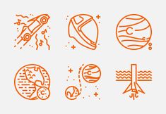 an orange line drawing of different types of space related objects, including planets and stars