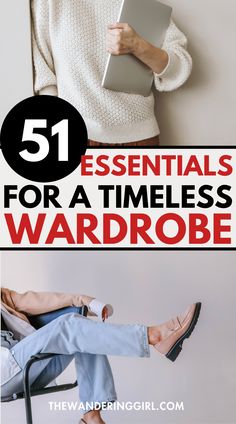 a woman sitting in a chair with her legs crossed and the words 51 essentials for a