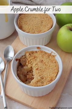 an apple crumble for two is served in white dishes