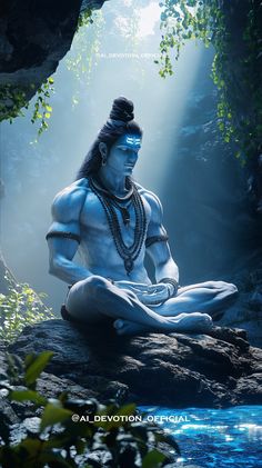 a man sitting on top of a rock in the middle of a forest next to water