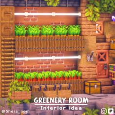 an image of a green room with plants growing on the wall and shelves full of items