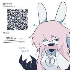 an anime character with pink hair and bunny ears holding a cell phone in front of a qr code