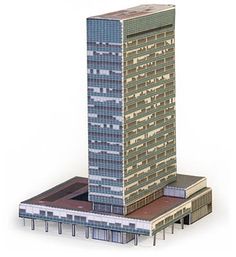 a model of a tall building with windows on the top and bottom floor, in front of a white background