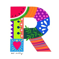 the letter r is made up of different colors and shapes, including watermelon