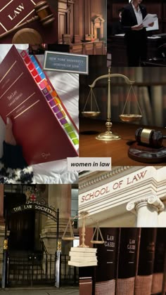 a collage of law related images including books, judges bench, and gavel