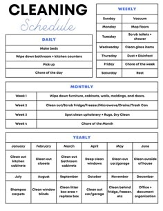 a printable cleaning schedule for the month