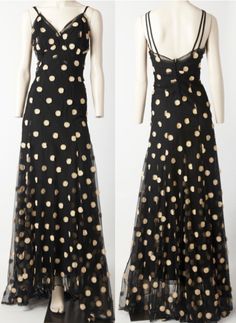 1930's Bias Cut Gown Polka Dot Gown, 1930's Style, Evening Dress Patterns, 1930 Fashion, 1930's Fashion, Budget Outfits, 1900s Fashion, Black Polka Dot Dress