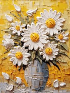 a painting of white and yellow flowers in a vase