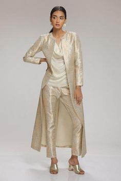 Shop for Chhaya Mehrotra Cream Brocade Jacket And Pant Set for Women Online at Aza Fashions Brocade Jackets Women Indian, Brocade Jackets Women, Brocade Top, Brocade Jacket, Knee Length Jacket, Banarasi Brocade, Paithani Saree, Upcycle Ideas, Top Satin