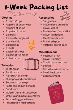 a pink poster with the words i - week packing list written in english and spanish