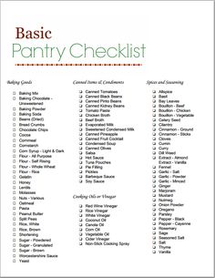 the basic pantry checklist is shown in red and green