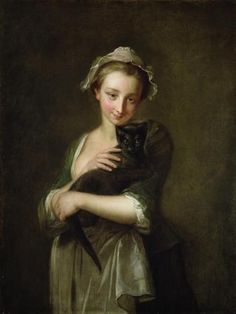 a painting of a woman holding a black cat in her arms and looking at the camera