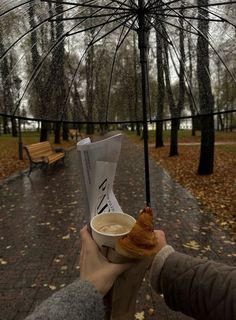 a person holding an umbrella over a cup of coffee and croissant in the rain