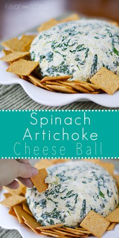 spinach artichoke cheese ball on a white plate with tortilla chips