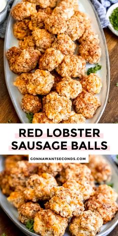 red lobster sausage balls on a plate with dipping sauce in the background and another photo of them