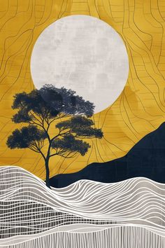 an abstract painting with trees and waves in front of a yellow sky at night time