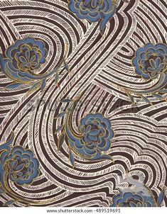 an abstract pattern with blue and gold flowers on a black, white and brown background