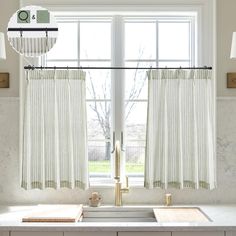 a kitchen window with two curtains hanging from it's side, and a sink in the foreground