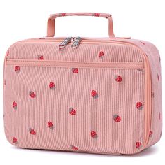 PRICES MAY VARY. ★ Simple pink strawberry corduroy Lunch Box, lightweight and durable, suitable for anyone including girls, boys, kids, toddlers take to school or women/men take to work. ★ Kids lunch bag Size: 8.7"*6.3"*7.5" (22cm* 16cm*19cm), spacious to fit two 750ml lunch containers, drinks and fruits. Insulated inside to keep your food fresh for few hours with ice packs. ★ Two way zipper for easy access and Outside pocket good for keys, cards, phone to carry all. Great little tote bag for lu Affordable Pink Lunch Bag For Back To School, Rectangular Pink Lunch Bag For School, Strawberry Lunch, Pink Lunch Bag With Zipper For School, Pink Portable Lunch Bag For Daily Use, Cheap Pink Lunch Bag With Zipper Closure, Pink Lunch Box, Lunch Box For School, Lunch Box Cooler