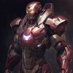 an iron man standing in front of a dark background with red lights on his chest