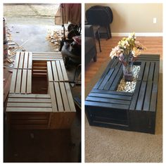 two pictures side by side, one has a coffee table and the other has a planter with flowers in it