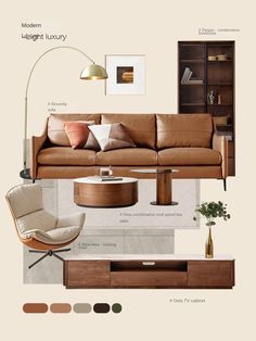 a living room with furniture and decor in shades of brown, tan, beige and white