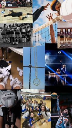 the collage shows many different sports teams, including volleyball players and cheerleaders