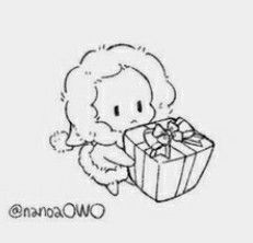 a black and white drawing of a teddy bear holding a gift box with a bow