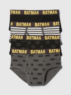 Soft cotton briefs underwear.  Elasticized waistband with Batman print.  Assorted allover Batman prints.  Made with 100% organically grown cotton, which is grown without the use of synthetic pesticides and fertilizers.  This product was made in a factory that invests in gender equality and women’s empowerment.  Through RISE Reimagining Industry to Support Equality) and Gap Inc. ’s program P. A. C. E.  Personal Advancement & Career Enhancement), we support people who make our clothes to build the Boxer Briefs Aesthetic, Batman Clothes, Batman Prints, Wishlist Ideas, Superhero Villains, Boys Socks, Fall 24, Junior Year, Gender Equality