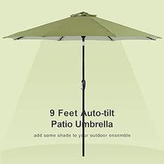 an umbrella with the text 9 feet auto - tilt patio umbrella add some shade to your outdoor ensemble