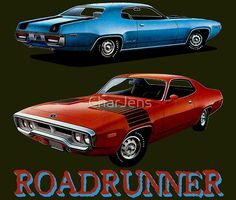 two old muscle cars side by side with the words roadrunner printed on them in blue and red