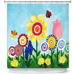 a painting of flowers and a bird on a blue sky background shower curtain featuring an image of