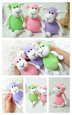 crocheted stuffed animals in different colors and sizes are shown with the same pattern