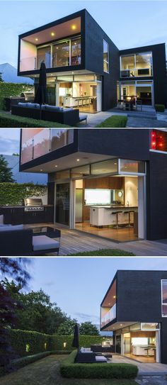 two pictures of the outside of a modern house at night and in the day time