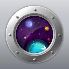 an image of a porthole with planets inside