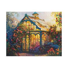 a painting of a glass house with flowers around it