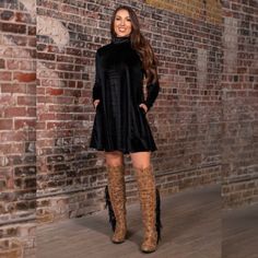 L&B Black Velvet Long Sleeve Dress, Comfy, Soft True To Size Velvet Dress With Boots, Party Dress With Boots, Velvet Long Sleeve Dress, Wedding Cowboy Boots, Dresses With Cowboy Boots, Long Sleeve Velvet Dress, Fitted Tunic, Amazon Dresses, Black Velvet Dress