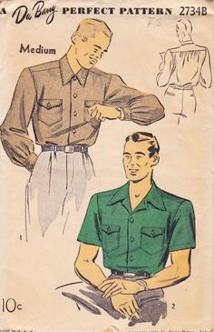 This vintage Dubarry sewing pattern was designed in 1942. It makes a shirt with a convertible collar, button tab pockets and sleeve length variations. Size Medium: Neck 15 to 15 1/2   ---   Sleeve Length 35. It is an unprinted pattern that is unused and still in factory folds. The instructions are included. The envelope is in good vintage condition. To see more sewing patterns for men: https://www.etsy.com/shop/studioGpatterns?section_id=18365317 To visit my shop: https://www.etsy.com/shop/studioGpatterns Mens 40s Fashion, 1940s Fashion Menswear, 40s Men Fashion, 50s Fashion Men, Sewing Patterns For Men, Vintage Poses, Sewing Pattern For Men, Coffee Graphics, 1940s Mens Fashion