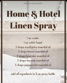 Linen Spray Essential Oils, Essential Oils Young Living, Diy Room Spray, Essential Oil Perfumes Recipes, Hotel Linen, Essential Oil Diffuser Blends Recipes, Essential Oils Cleaning, Essential Oils Herbs, Home Smell