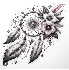 a drawing of a dream catcher with flowers and feathers