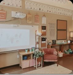 a room with a large white board on the wall