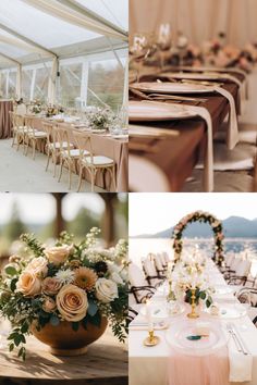 there are many tables and chairs set up for a wedding or other special event with flowers in vases