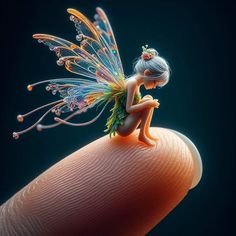 a tiny fairy sitting on top of a finger